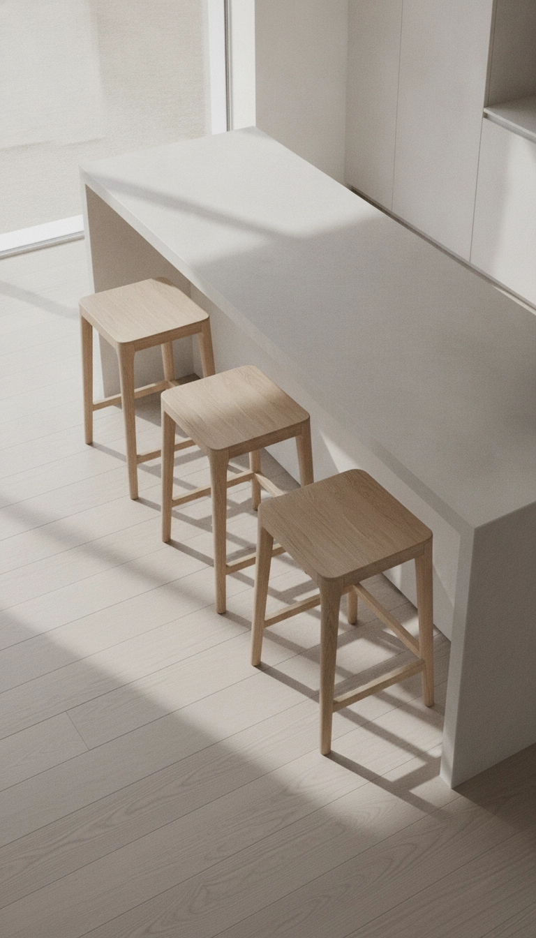Minimalist scandinavian counter stools wood tucked under a counter displaying clear lower sightlines.