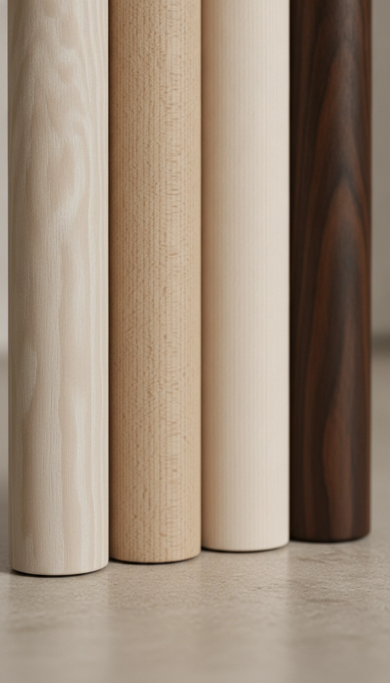 Close up view of natural white oak beech and walnut timber textures on counter stool legs.