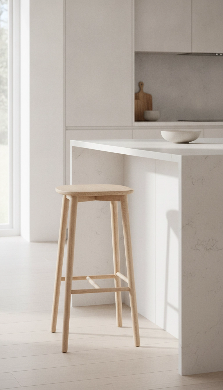 A wooden counter stool with integrated footrest positioned under a kitchen island overhang with ample knee clearance.