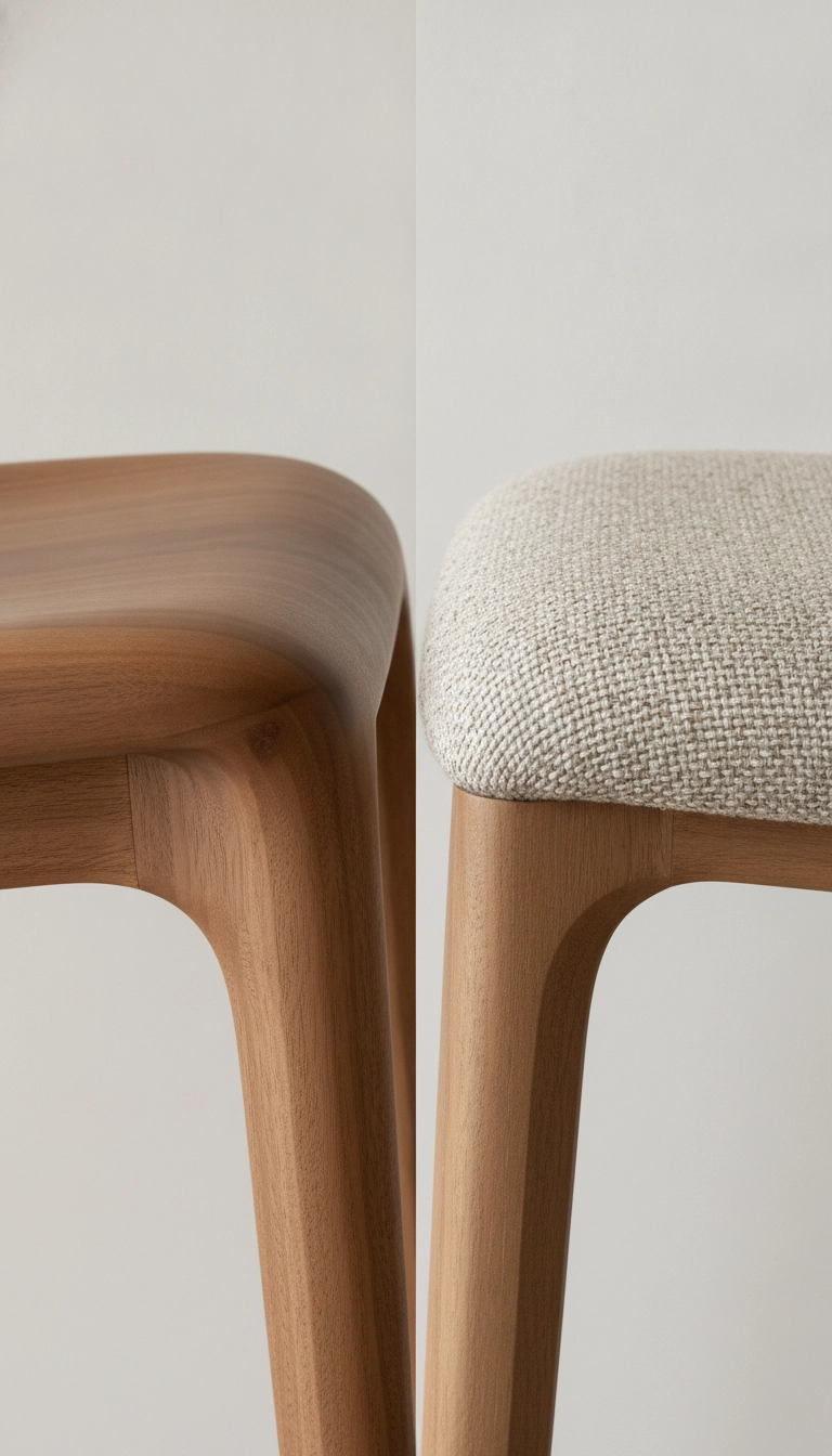 Side by side comparison of a sculpted solid wood counter stool top and a padded fabric seat.