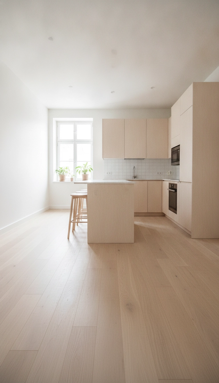 Minimalist backless light wood counter stools tucked entirely under a compact kitchen counter overhang.