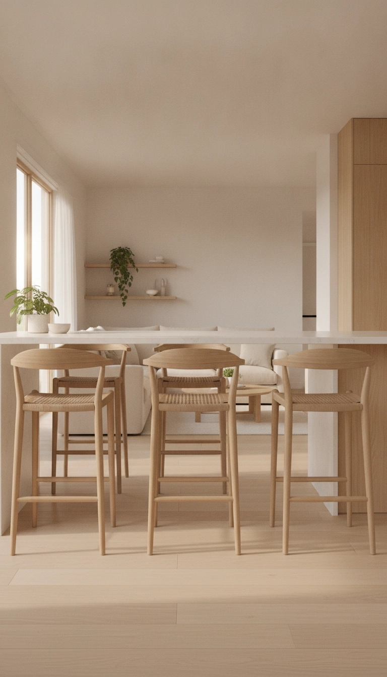 Well spaced scandinavian counter stools wood positioned neatly along a modern kitchen island.