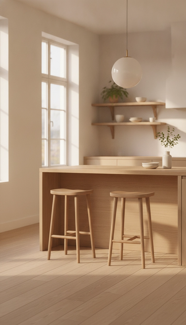 Serene Scandinavian kitchen featuring minimalist scandinavian counter stools wood bathed in soft sunlight.