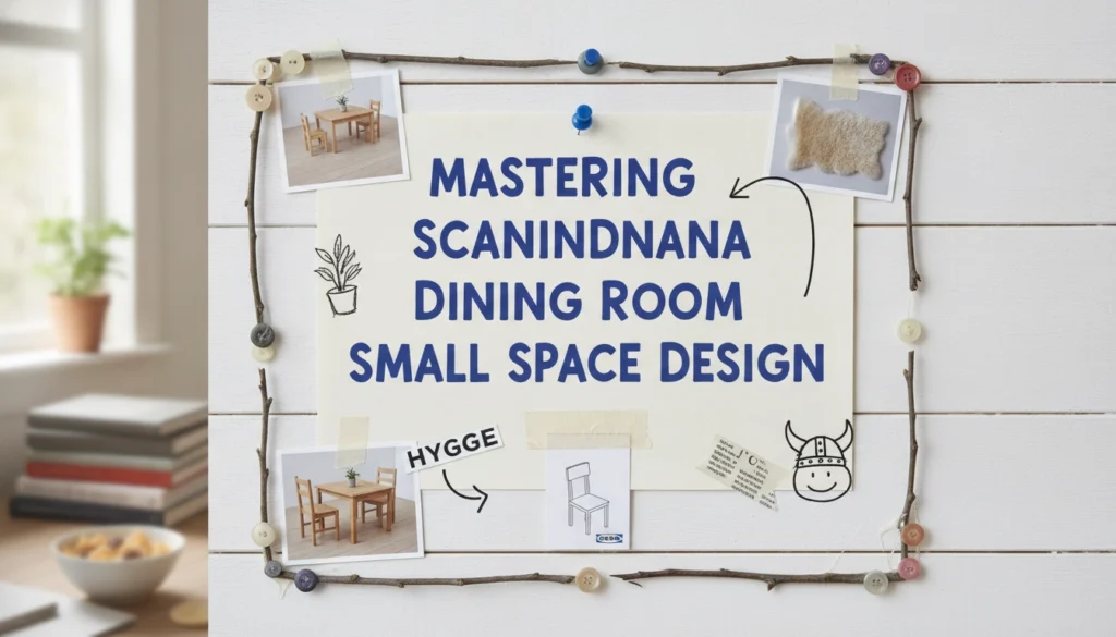 A real home setup of a scandinavian dining room small space with pale wood furniture and natural sunlight.