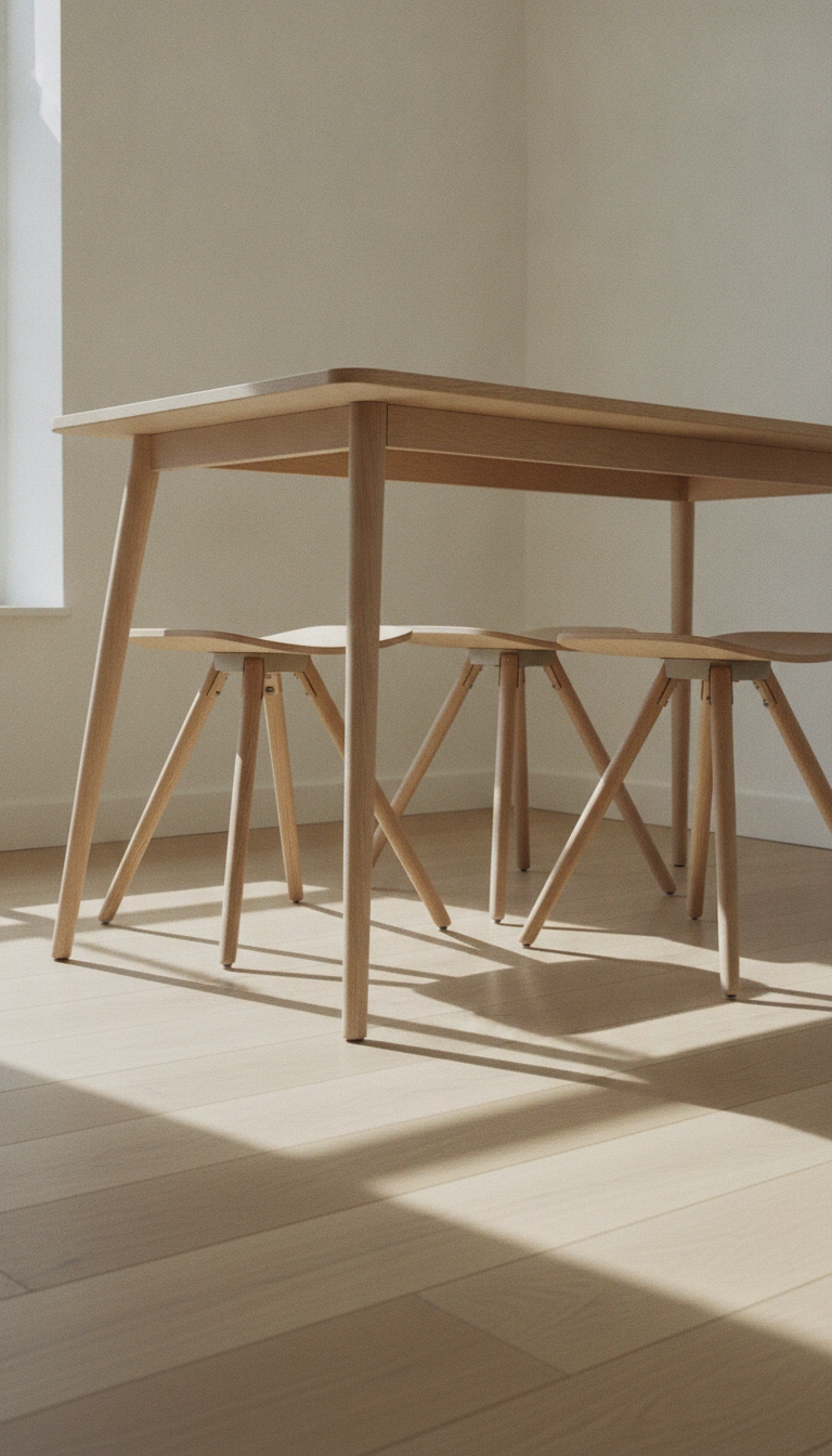 Light passing through slender tapered chair legs in a compact Scandinavian dining nook.