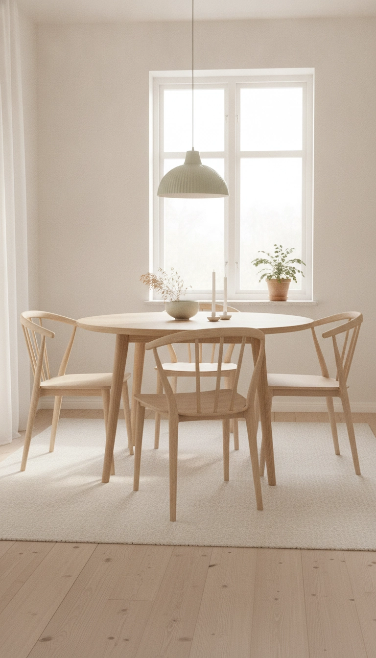 Completed design of a scandinavian dining room small space filled with light, pale timber, and round table setup.