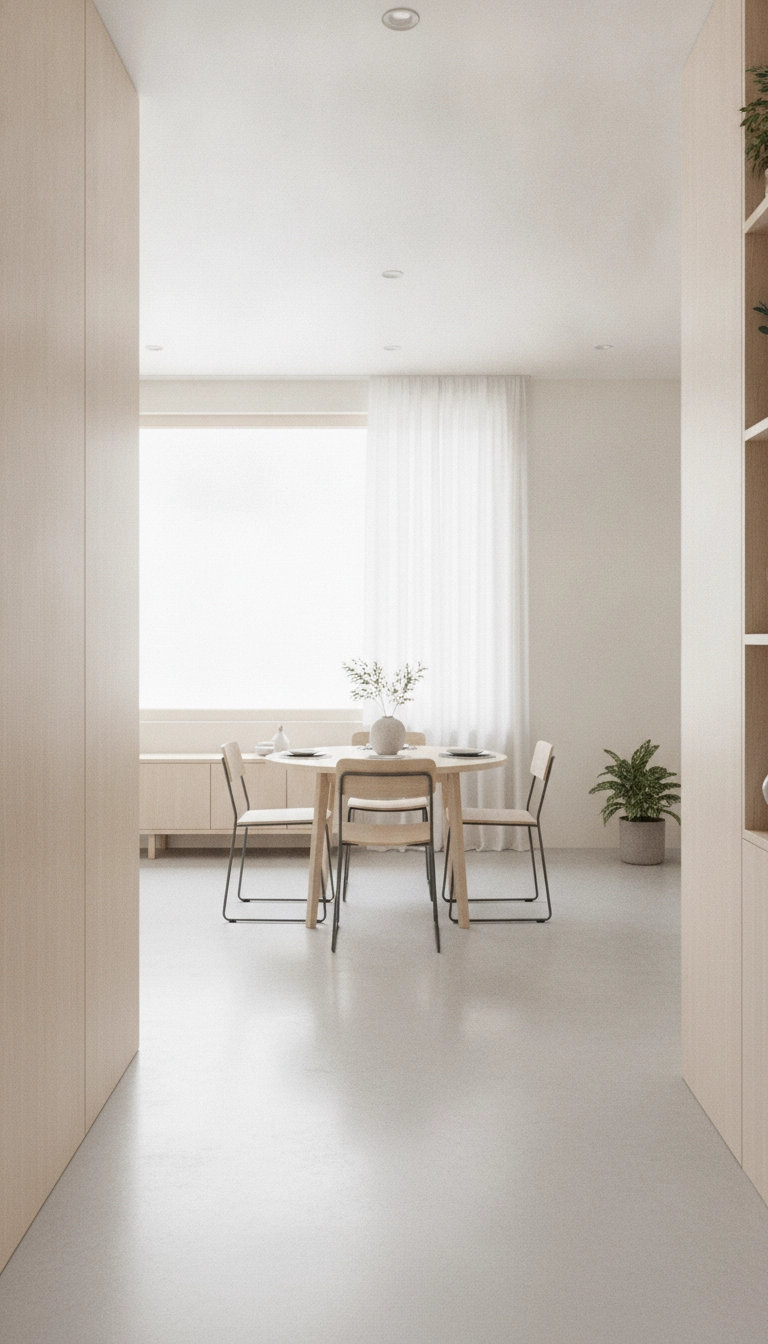 View from a apartment entrance across a simple Scandinavian dining table to a sunlit window.