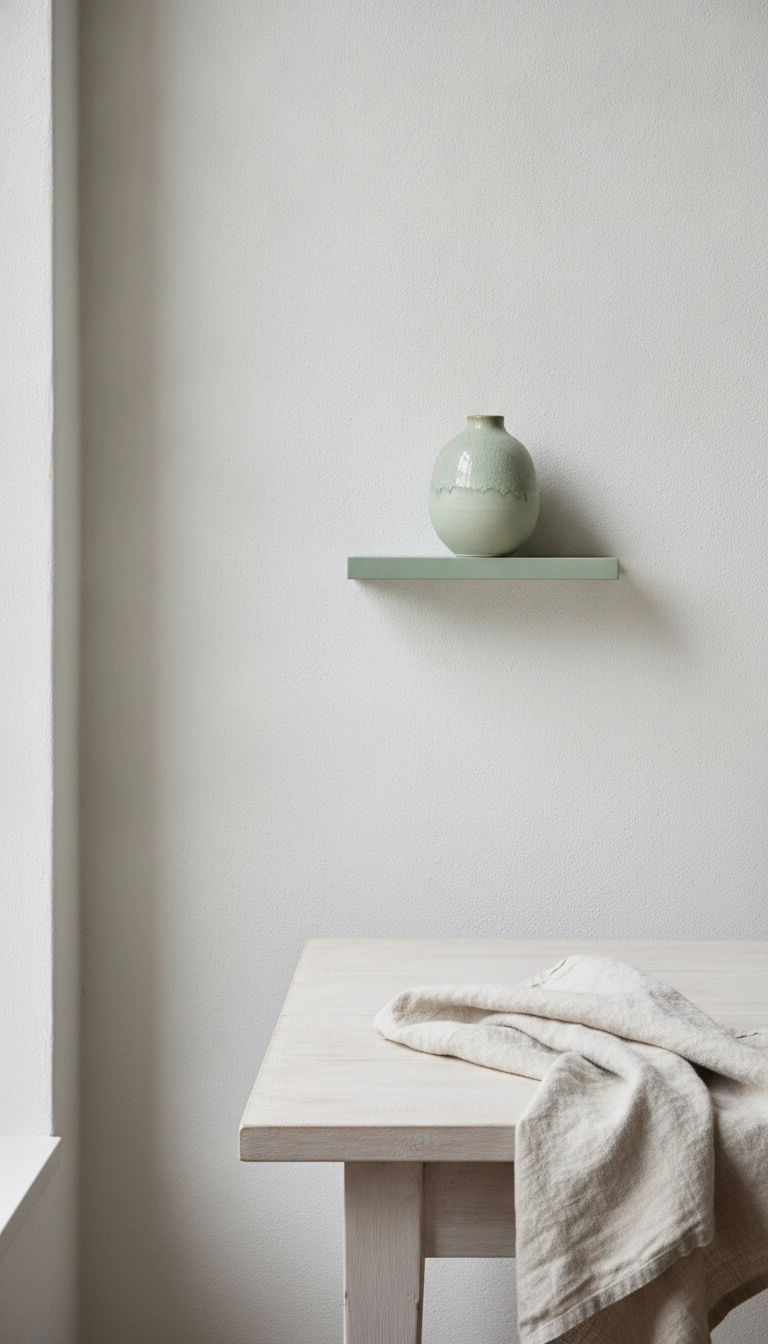 A cozy dining room wall with chalky white paint, soft sage decor accents, and pale oat textiles.