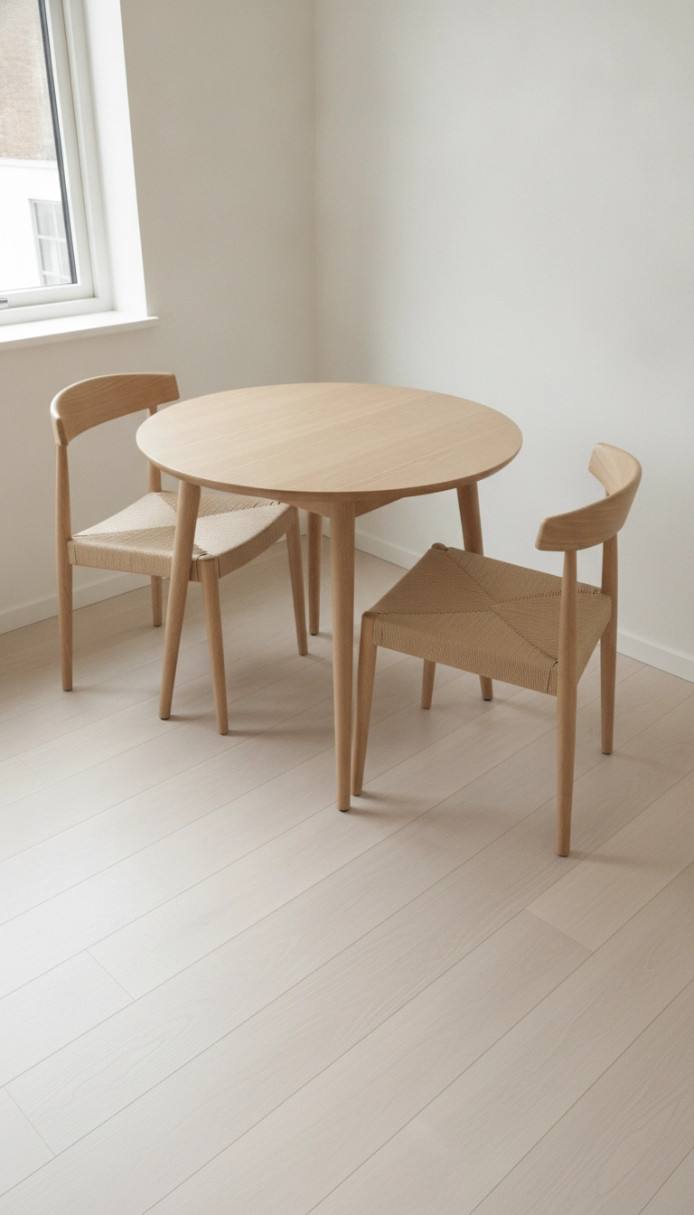 Round light oak dining table placed in a small Scandinavian dining area to save space.