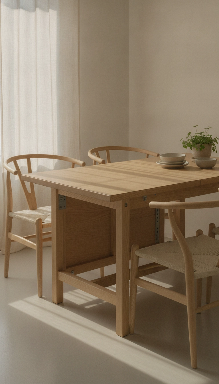Light wood drop-leaf dining table folded down beside open spindle back chairs in a small space.