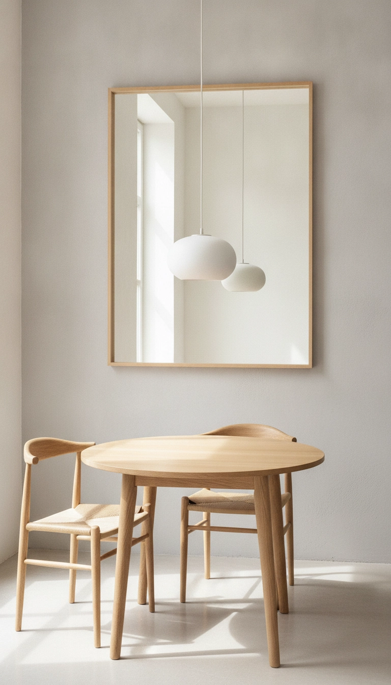 Modern ceramic pendant hanging over a dining table opposite a wall mirror reflecting natural window light.