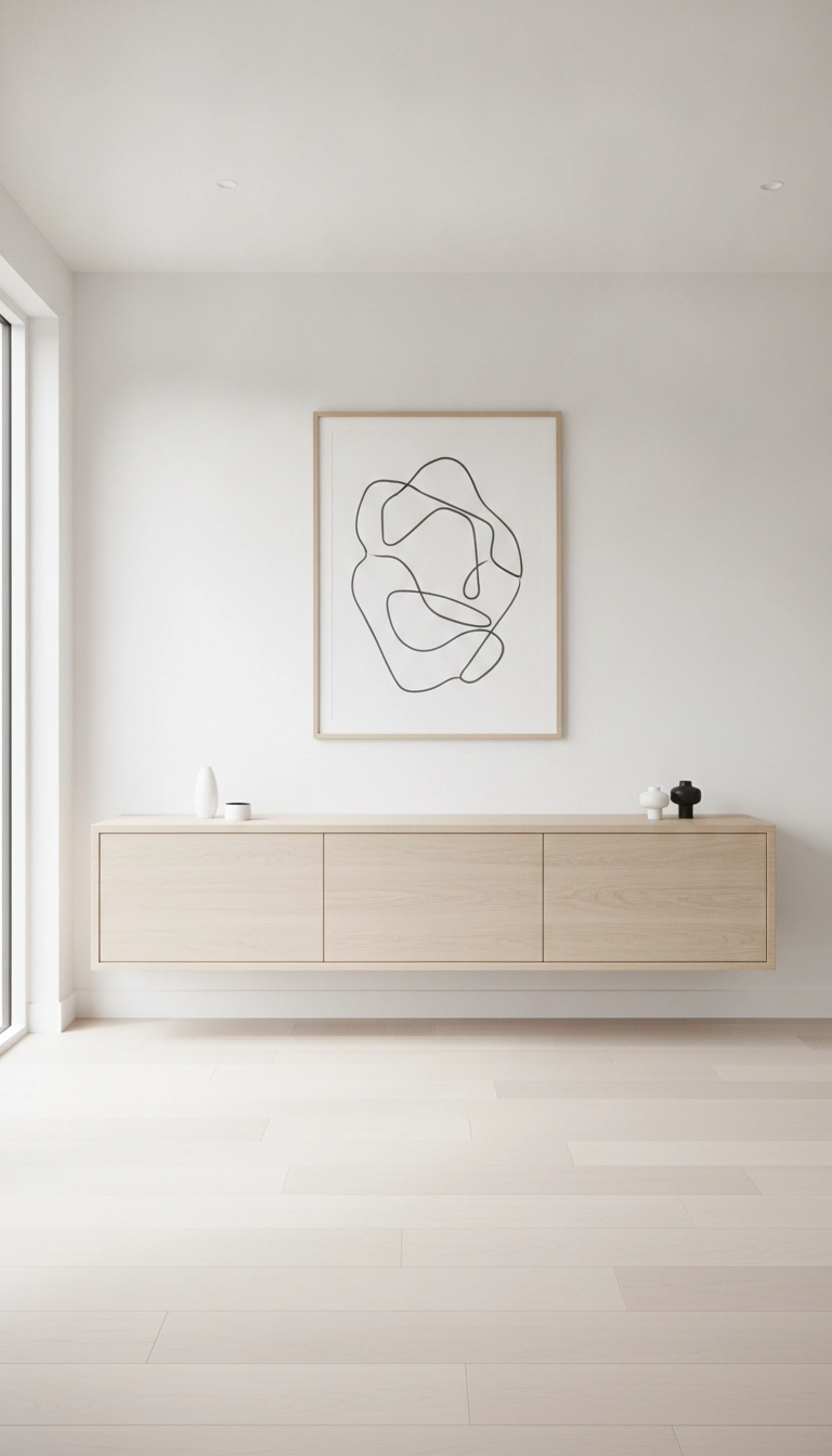 Shallow floating wooden sideboard mounted on a white wall below a simple framed art print.
