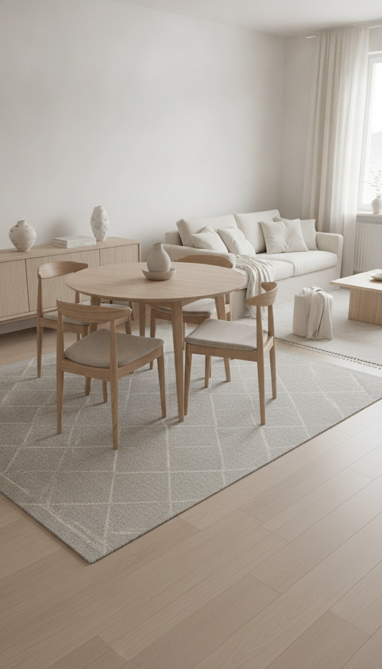 Open plan apartment living room and small dining nook defined by a flat weave wool rug under the table.