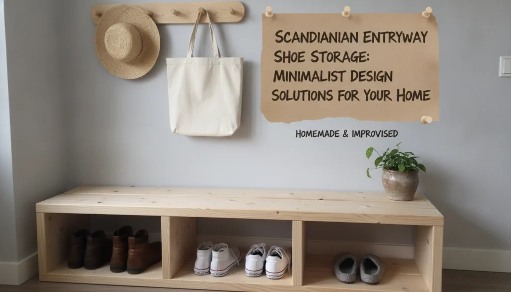 A cozy, real-life apartment hallway featuring scandinavian entryway shoe storage with a light oak bench and neatly placed shoes.