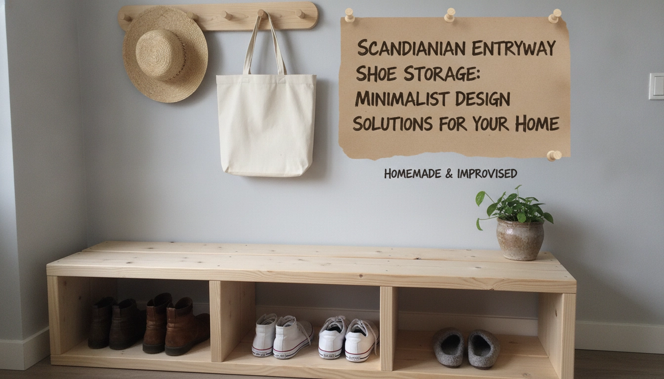 A cozy, real-life apartment hallway featuring scandinavian entryway shoe storage with a light oak bench and neatly placed shoes.