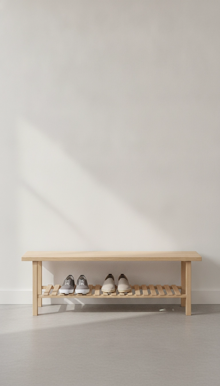 A minimalist birch wood entryway bench with open slatted shelves for shoes.