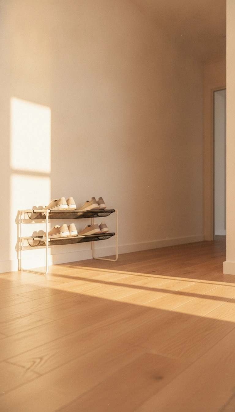 Bright natural sunlight illuminating a clean, minimalist hallway with a low-profile shoe rack.