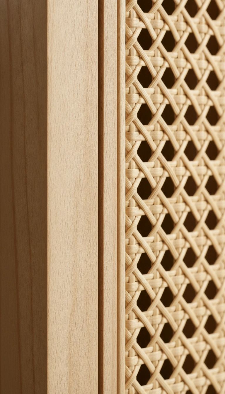 Close-up of a modern shoe cabinet made of light ash wood and woven rattan doors.