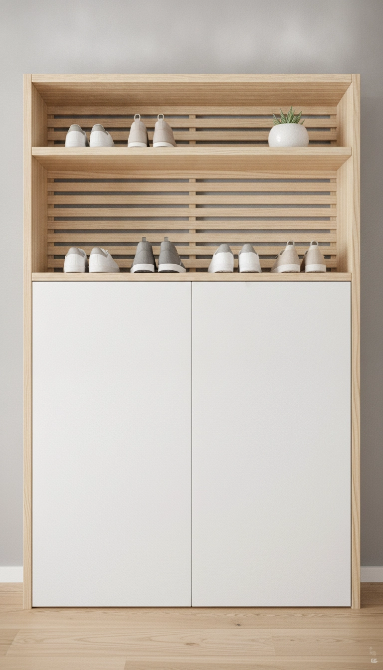 A hybrid entryway storage system featuring closed white cabinets and open wooden slatted shelves.