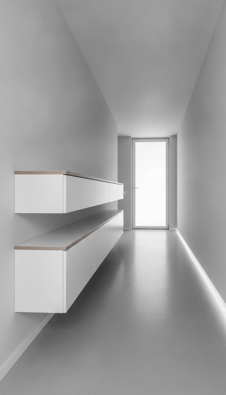 Shallow, wall-mounted floating shoe cabinets in a narrow white hallway.