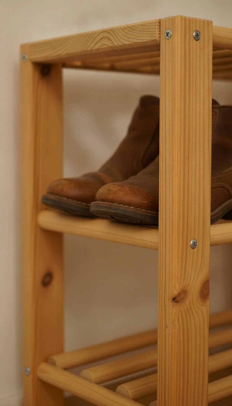 A simple DIY wooden shoe rack made from light timber and cylindrical wooden dowels.