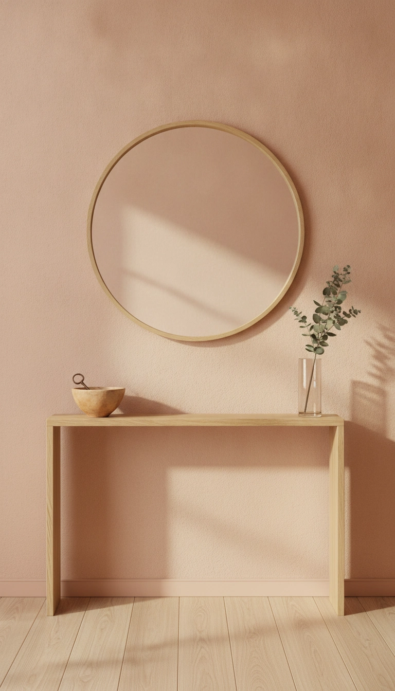 A round wooden mirror mounted above a shoe cabinet with a simple ceramic bowl on top.