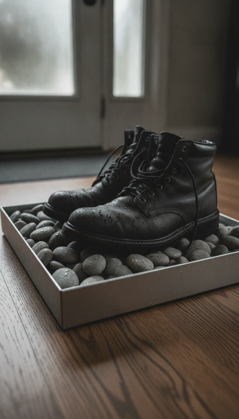 A neat metal tray filled with smooth river stones holding damp boots near a wooden floor.