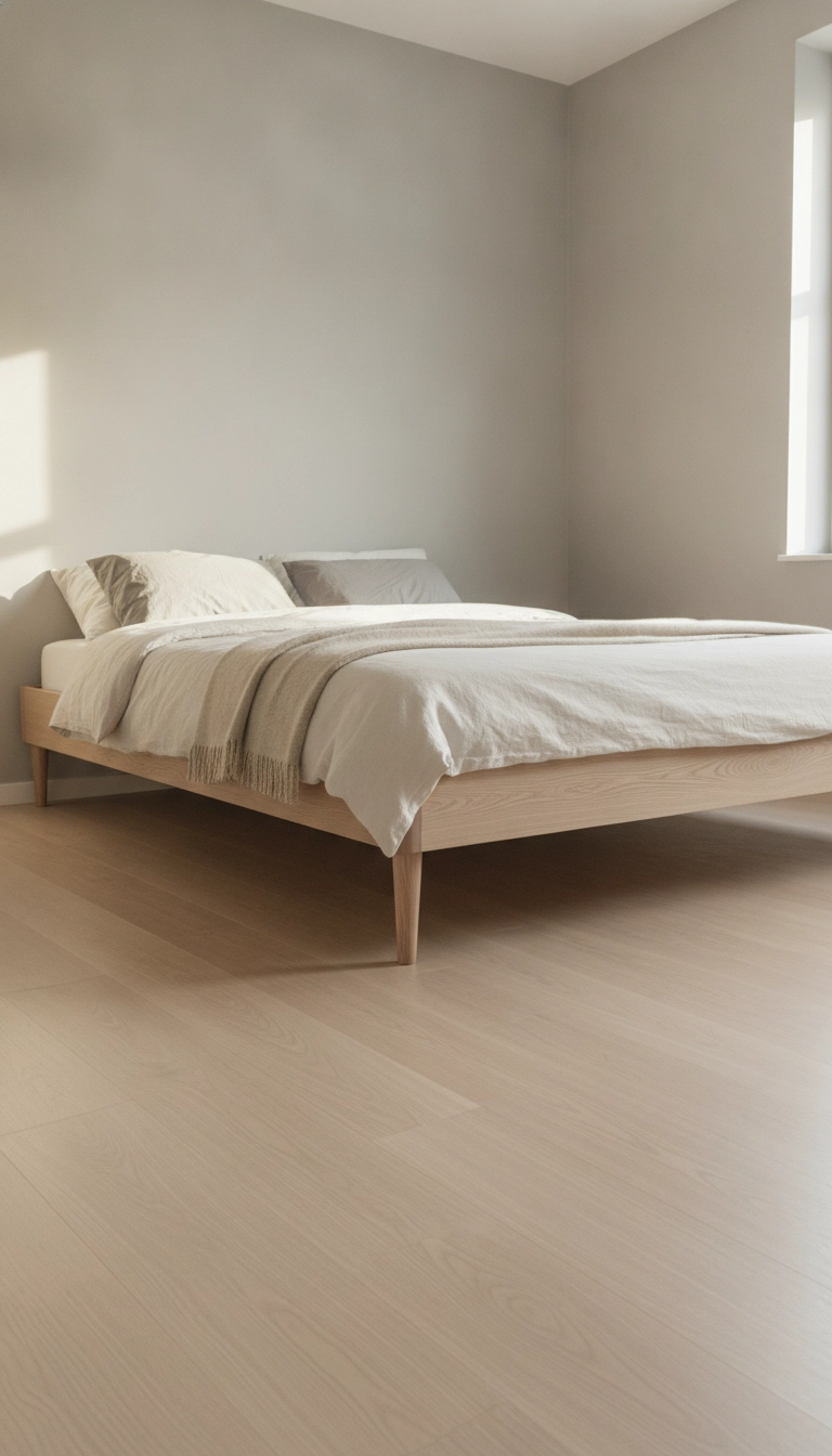 Sunlit Nordic bedroom interior showing open floor space and a low-profile timber bed frame.