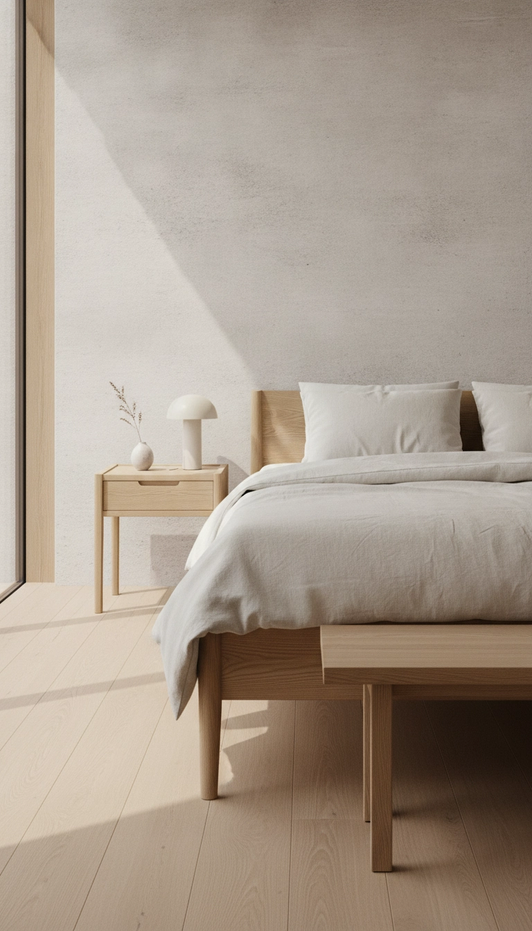 A light oak bed frame with a matching narrow timber bench at the foot of the bed in a Scandinavian room.