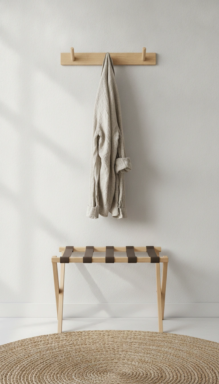 Natural wood wall pegs holding guest clothing above a folded timber luggage rack in a small bedroom.