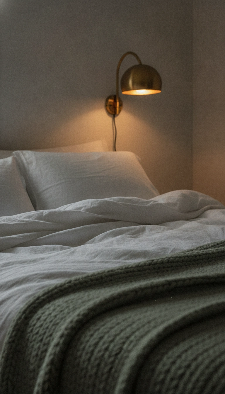 Crisp white washed linen bedding layered with a sage wool blanket under a warm wall sconce glow.