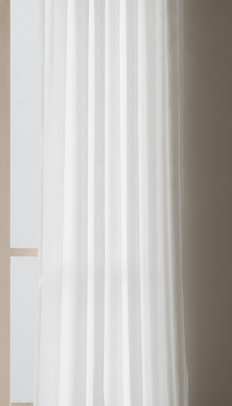 Morning sunlight filtering through sheer linen curtains onto soft off-white matte walls.