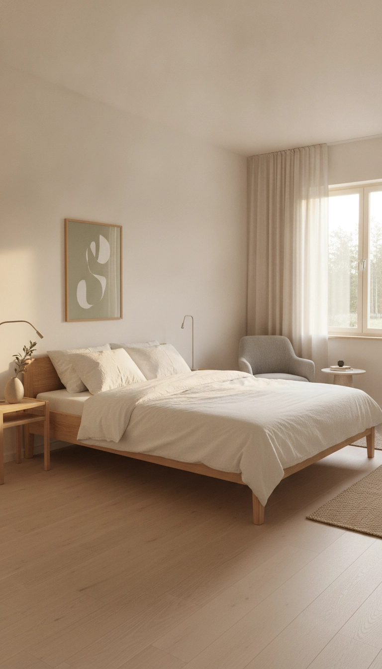 Clean and peaceful Scandinavian guest room with natural wood accents and abundant sunlight.