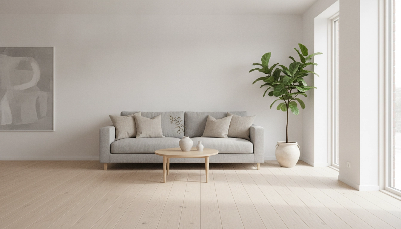 A bright, minimalist living room with warm wood accents and comfortable seating.