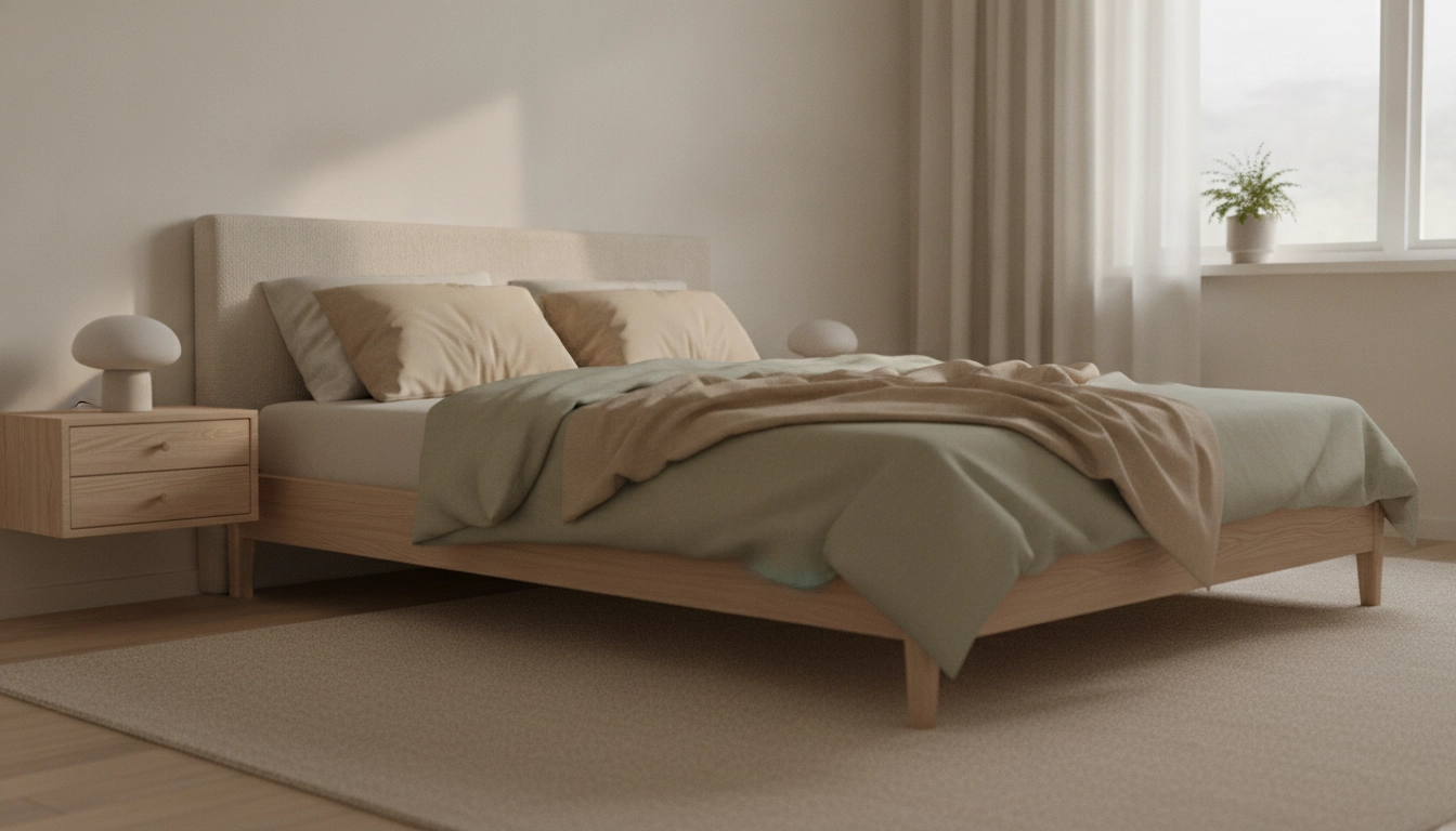 A peaceful bedroom with a wooden bed frame, rumpled linen sheets, and a floating nightstand.