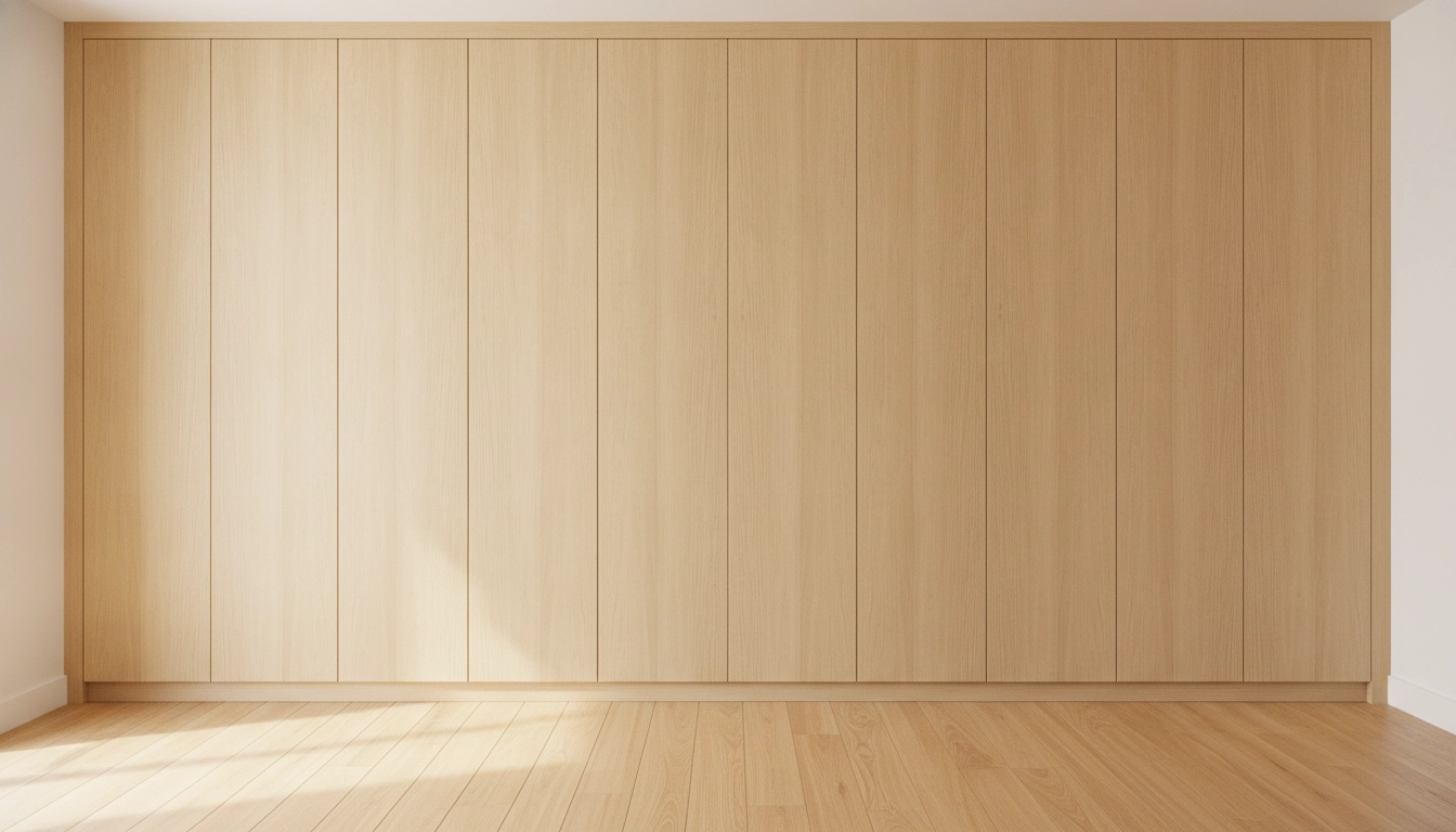 A clean, minimalist room showing smart, hidden wooden storage cabinets and open floor space.