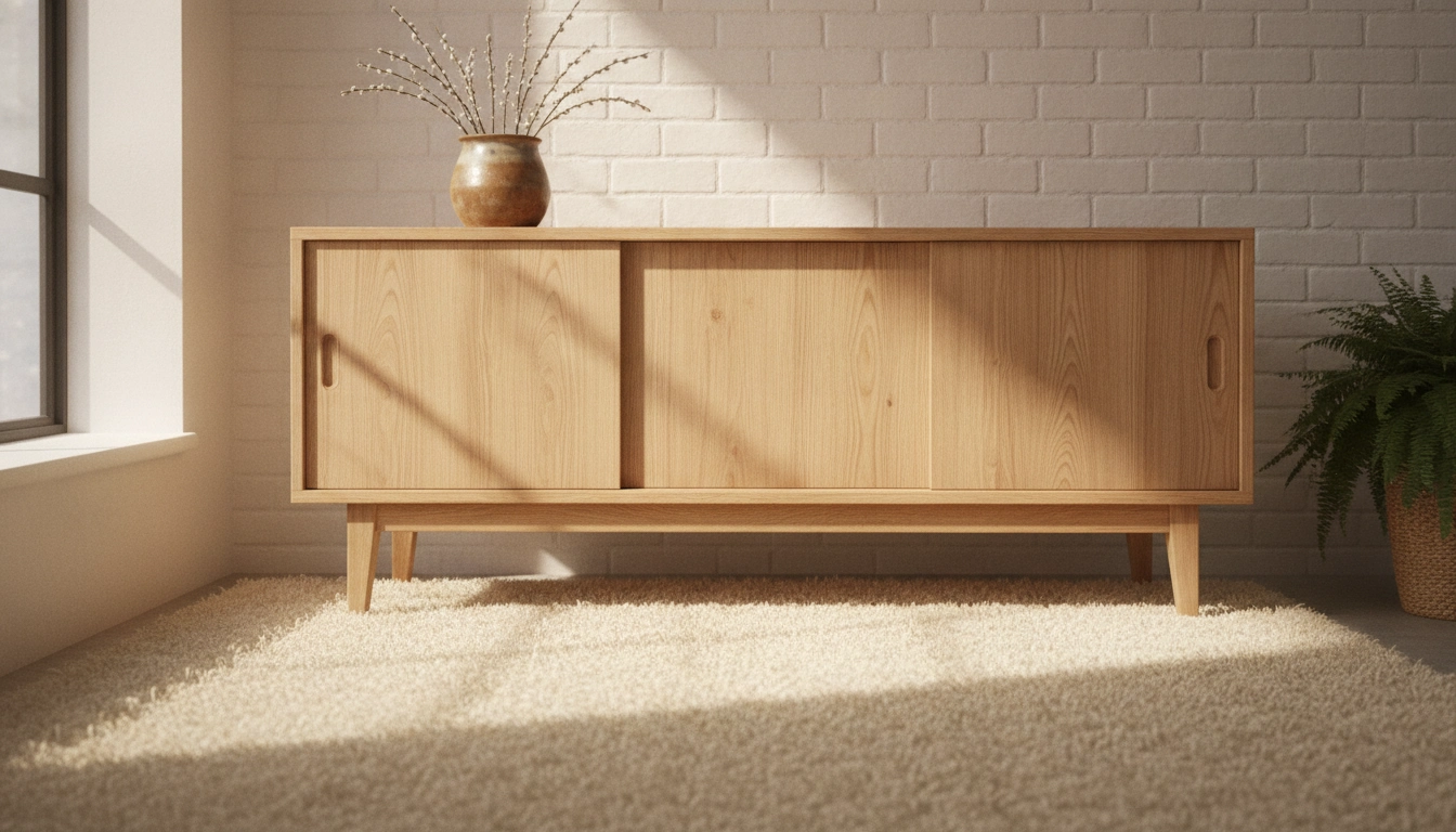 A beautifully sanded vintage wooden sideboard in a minimalist room with a quality rug.