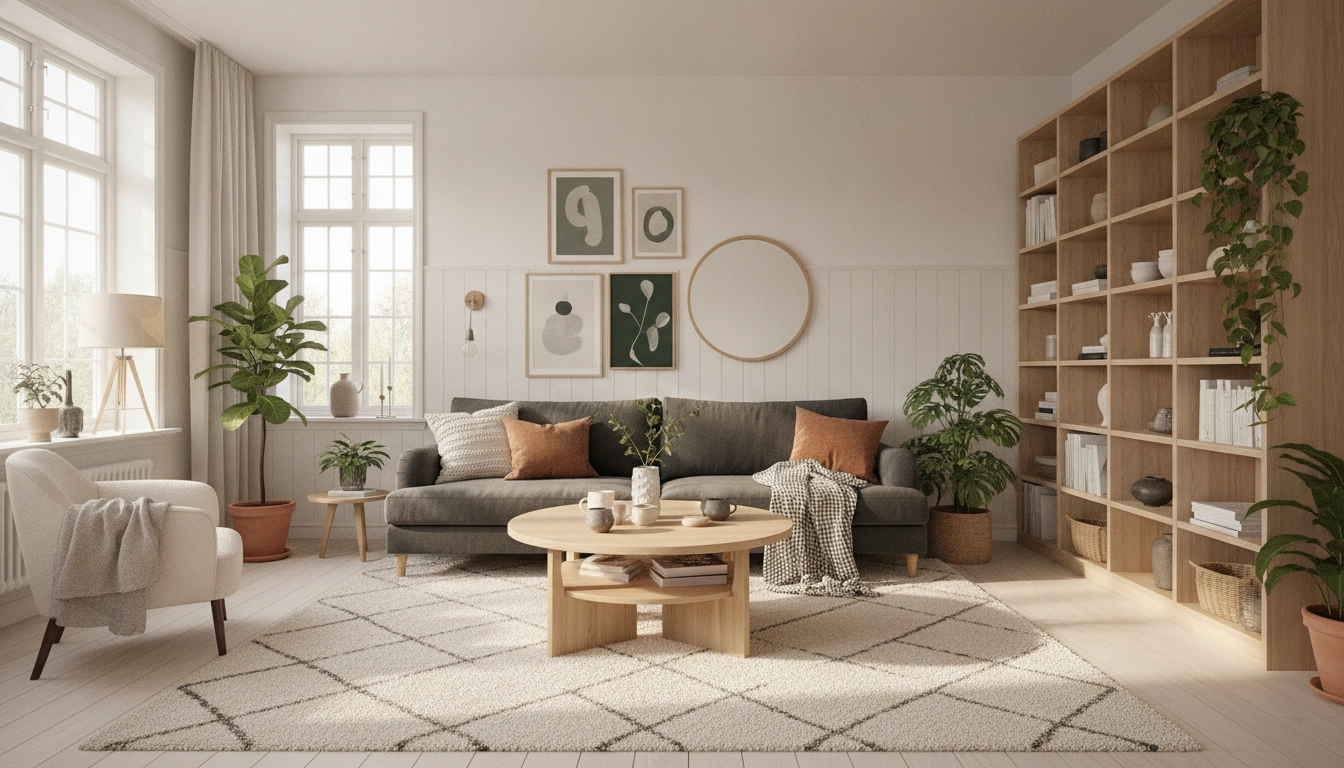 A warm, sunlit, and perfectly balanced Scandinavian living space showing texture and function.