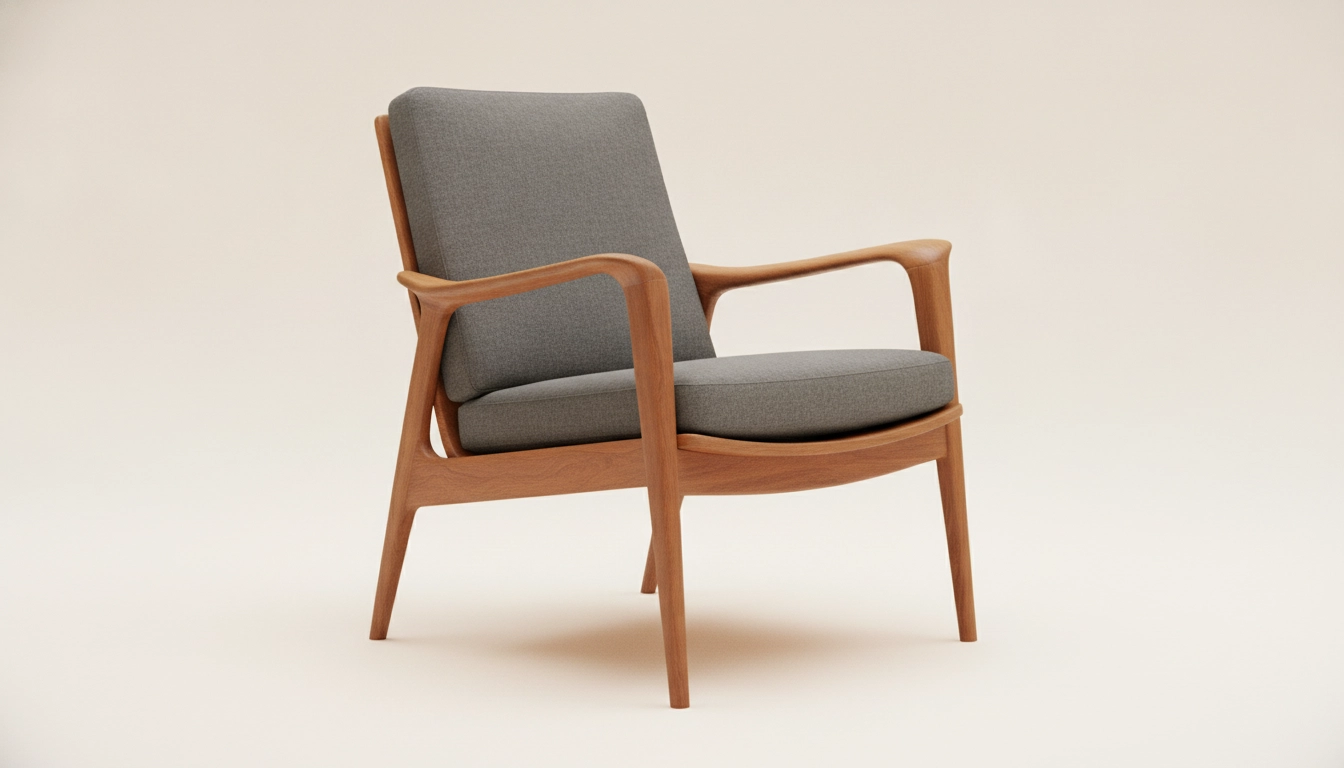 A classic mid-century modern wooden armchair with clean lines in a bright room.