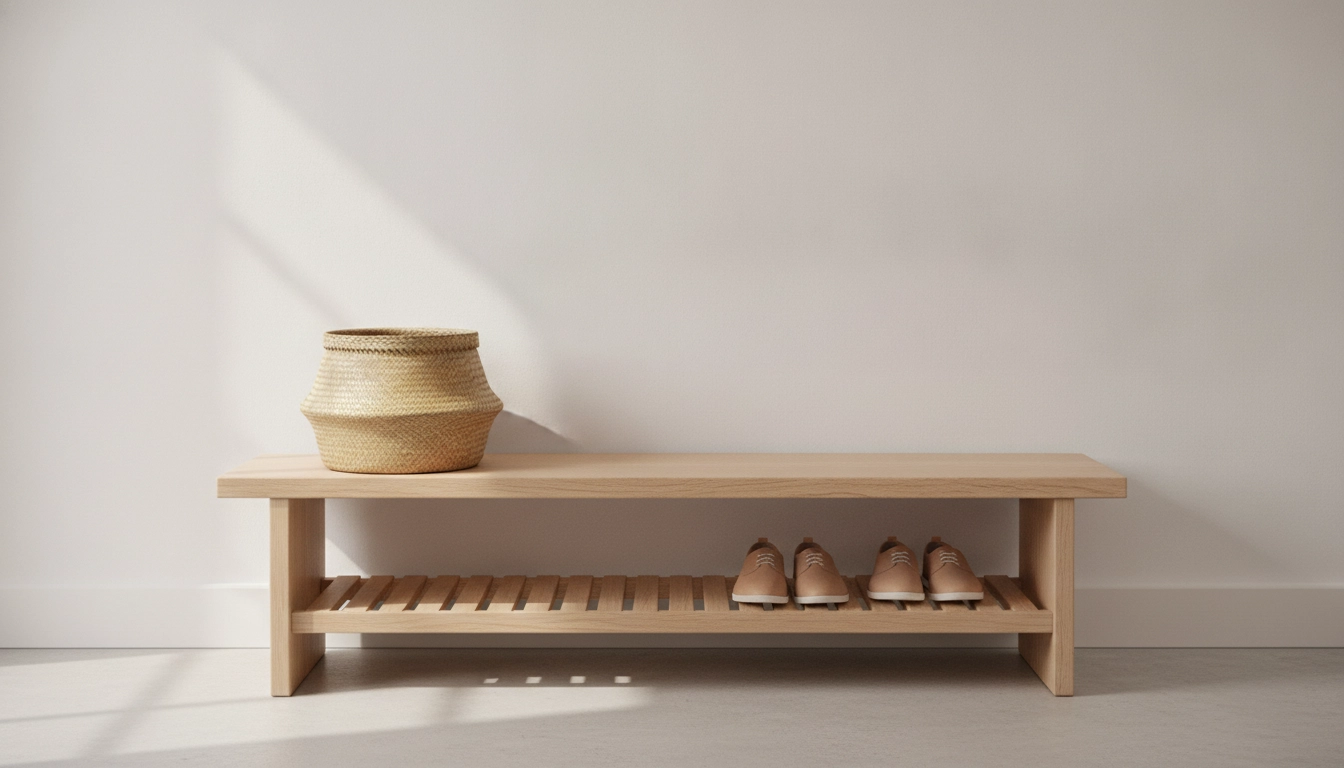 A simple light oak entryway bench with clean lines and integrated shoe storage.