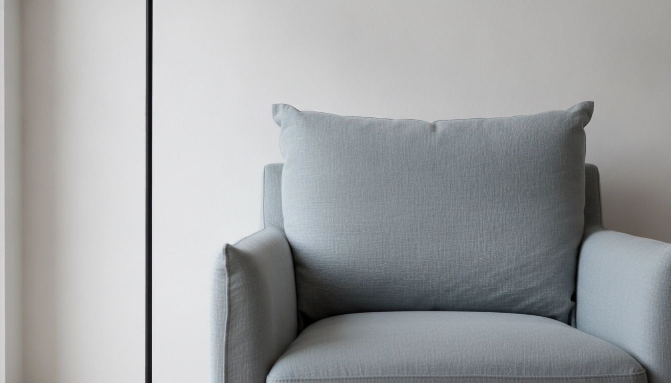 A living space painted in soft white and cool gray with a matte black metal light fixture.