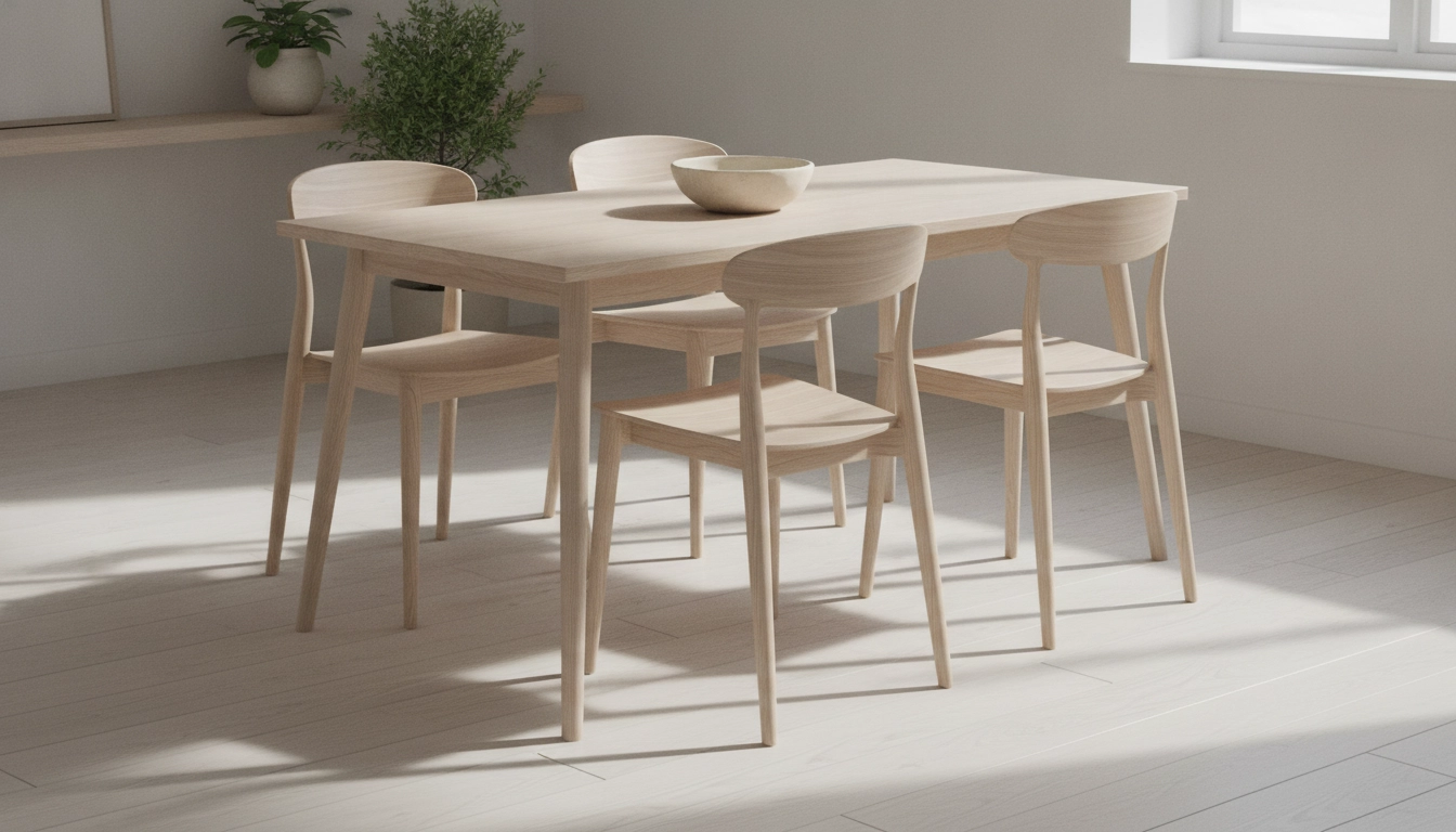 A light pine dining table and chairs featuring slim, tapered legs.