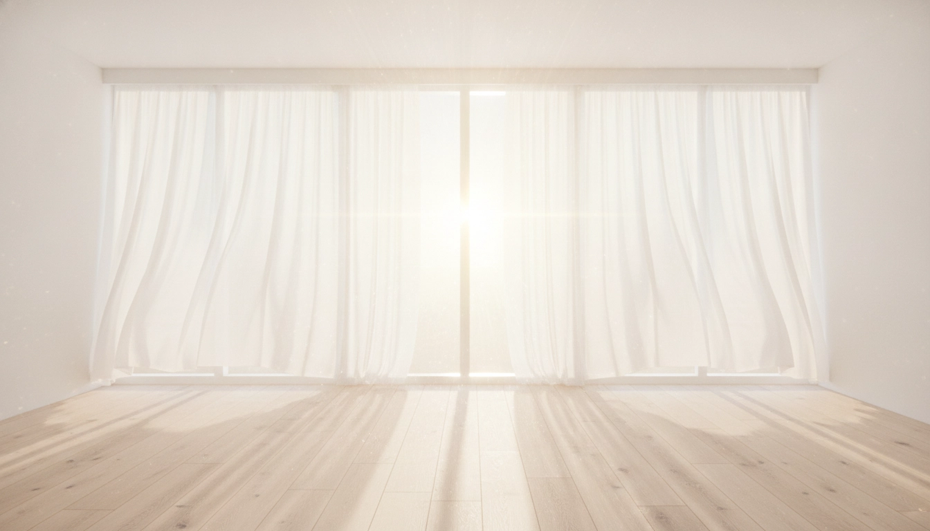 Bright sunlight streaming through large, bare windows into a minimalist white room.