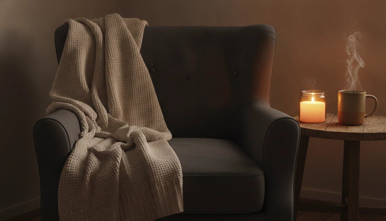 A cozy reading corner with a comfortable armchair, a soft throw, and a warm glowing lamp.