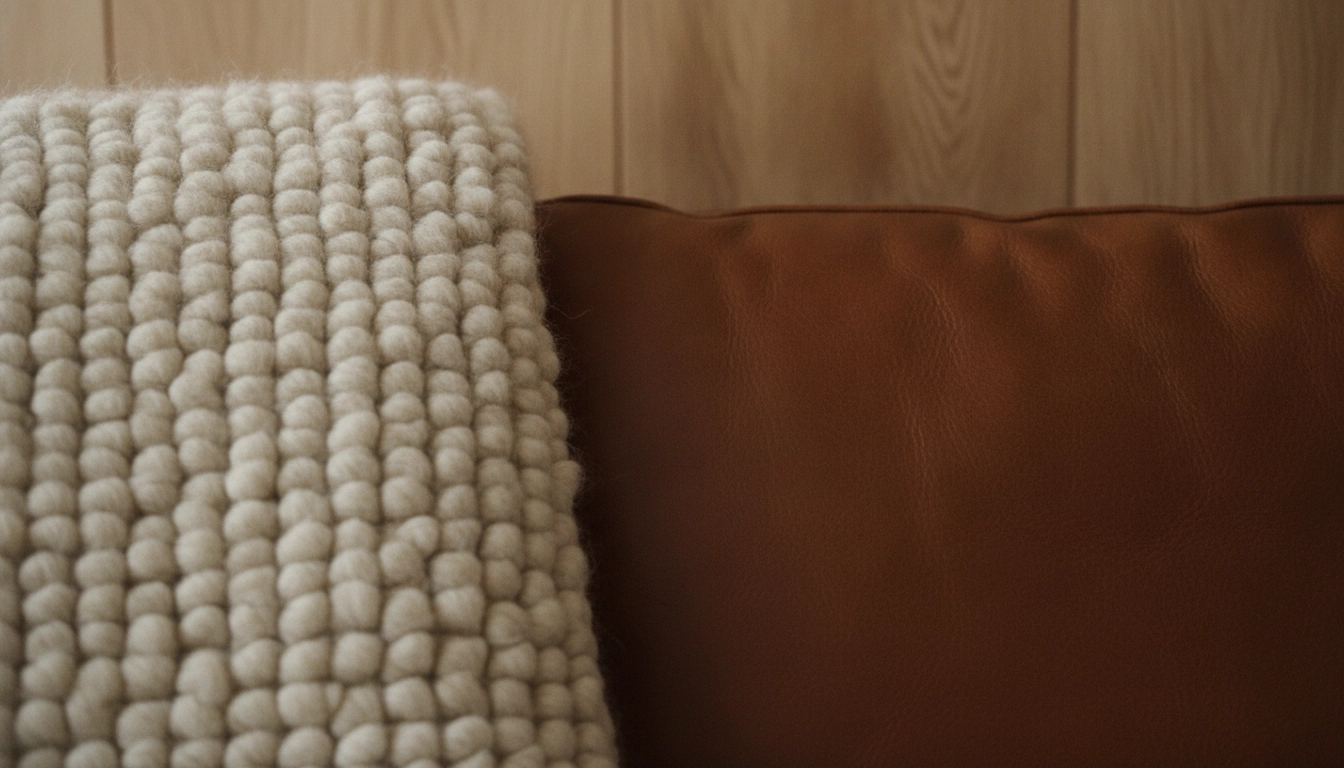 A close-up of a chunky knit wool blanket draped over a brown leather sofa next to a wooden wall panel.
