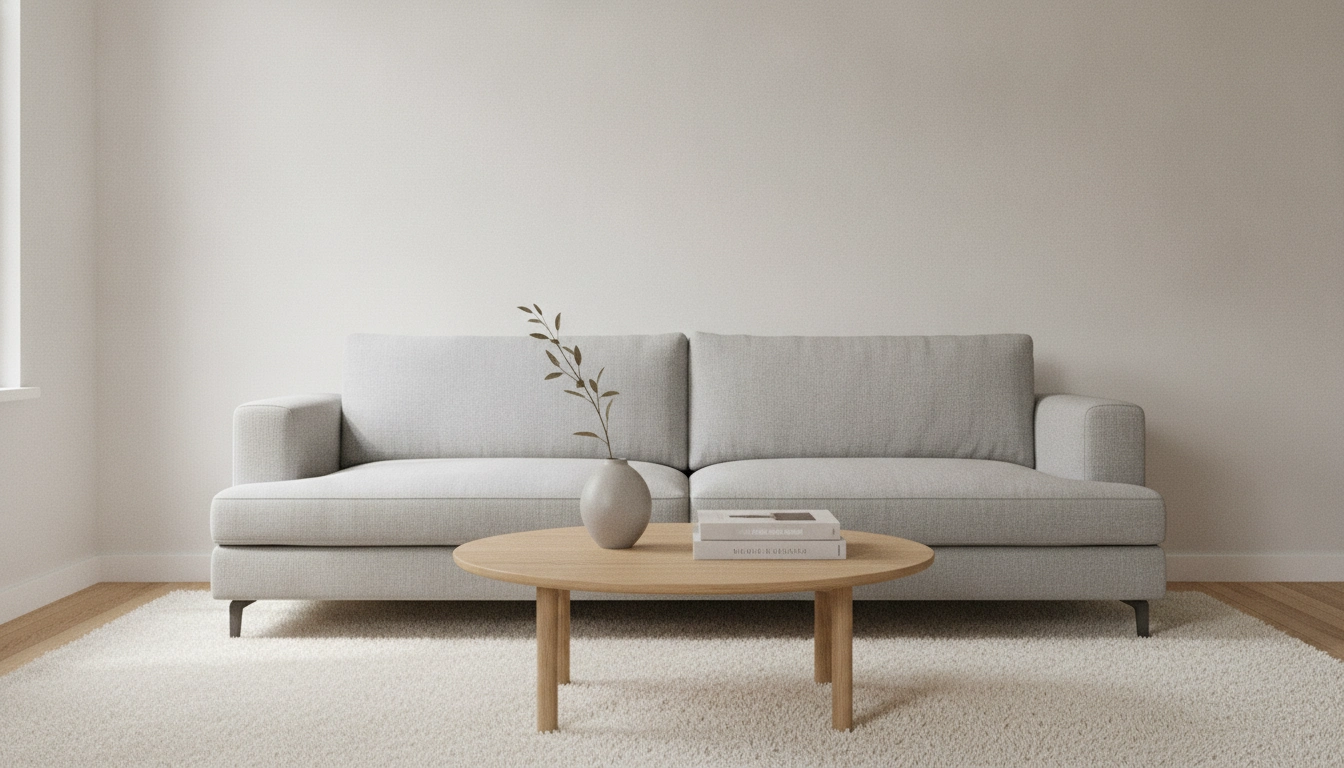 A simple neutral sofa with a low wooden coffee table, a wool rug, and minimal decor.