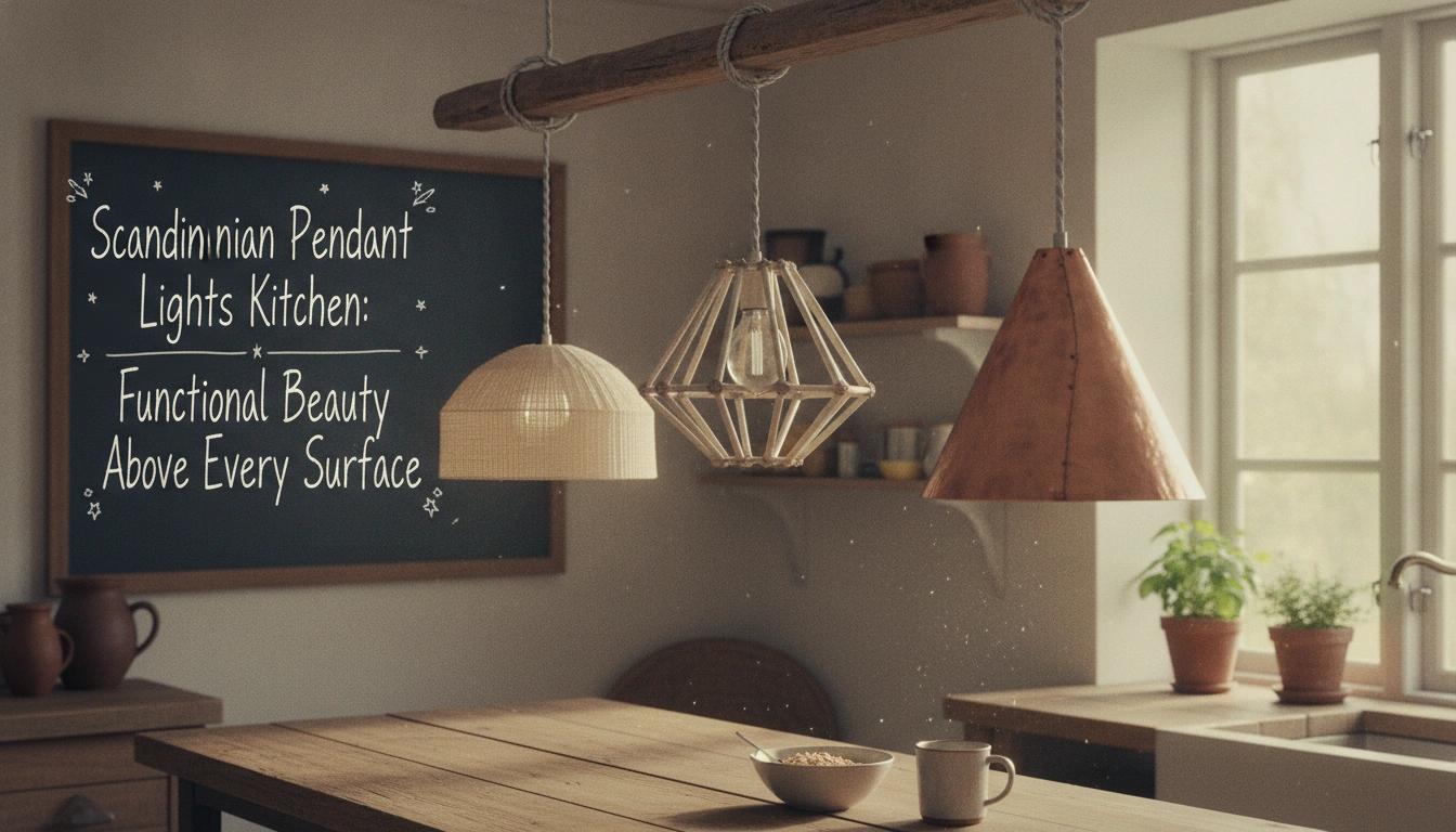 A real home kitchen illuminated by warm scandinavian pendant lights kitchen fixtures hanging over a wooden island.