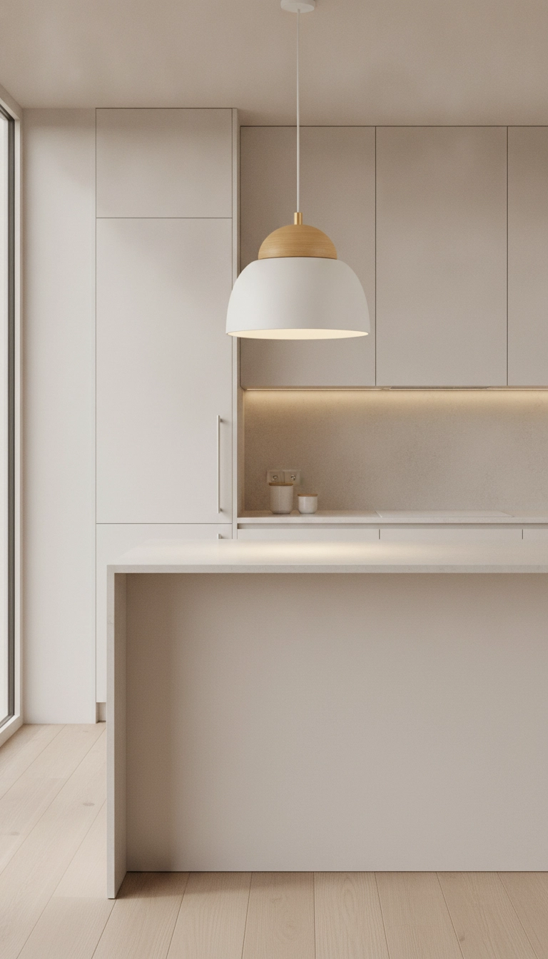 A matte white scandinavian pendant lights kitchen fixture with a wood detail casting downward light.