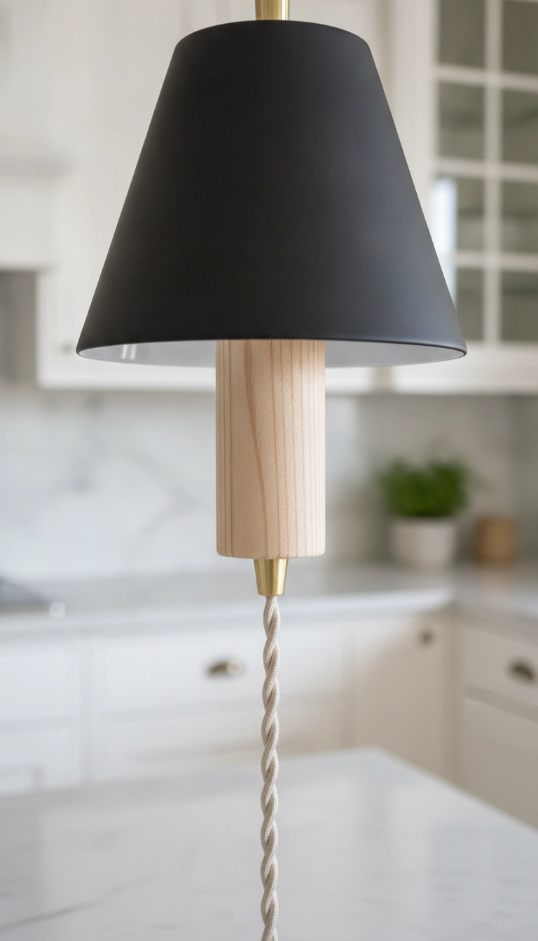 Close up of scandinavian pendant lights kitchen materials including matte black metal and natural ash wood.