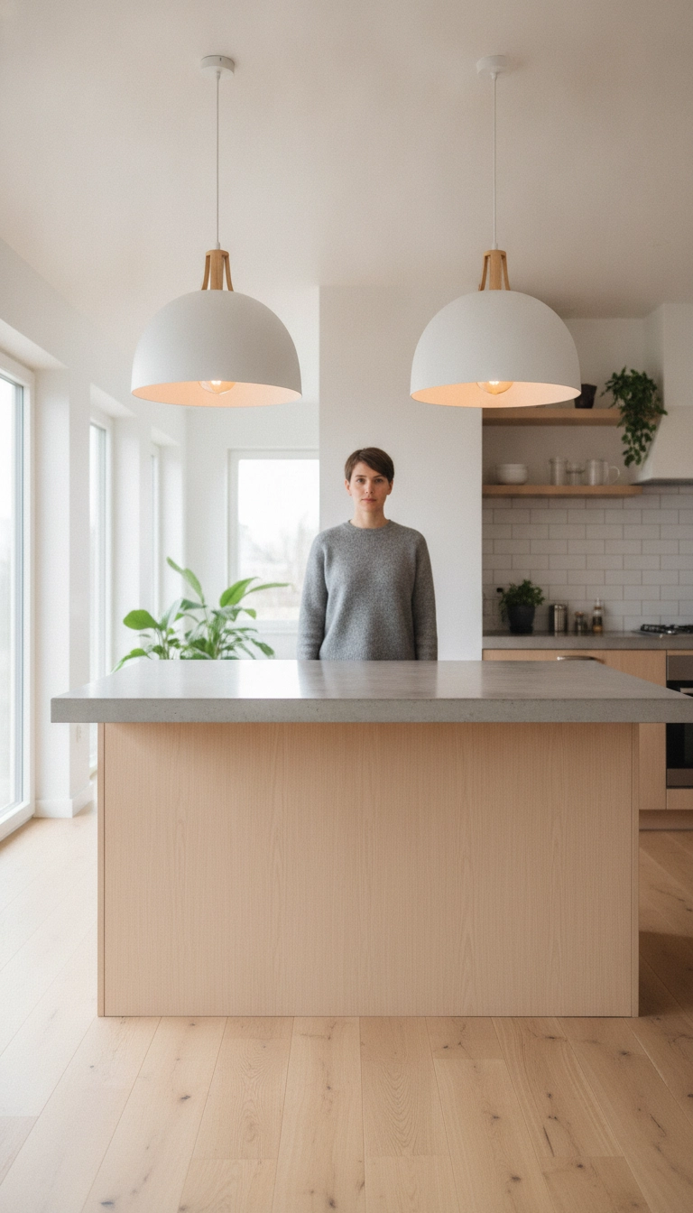 Two modern scandinavian pendant lights kitchen fixtures hung 30 inches above an island countertop.